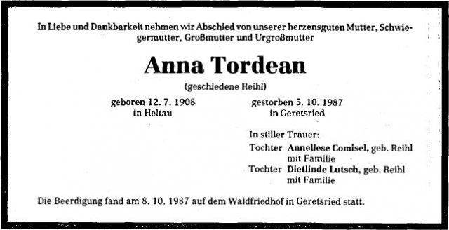 Tordean Anna 1908-1987 Todesanzeige